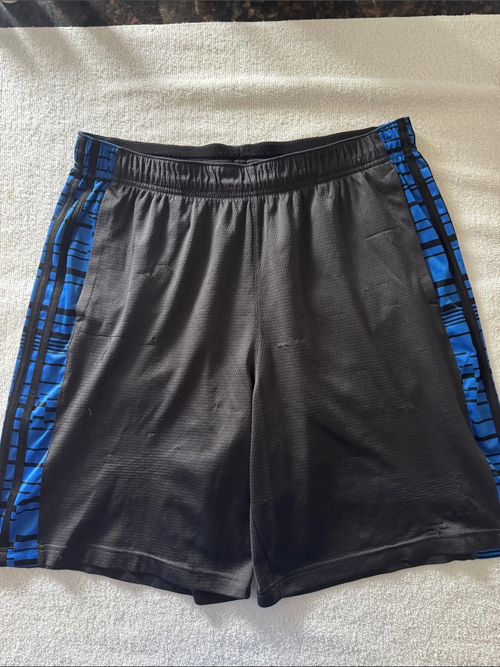 Adidas Men's Black Athletic Shorts with Blue Side Panels Men’s Large Used